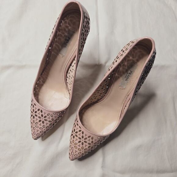 Prada Womens Vernice Cipria Blush Nude Pink Laser Cut Floral High Heels 38.5 - Picture 2 of 15